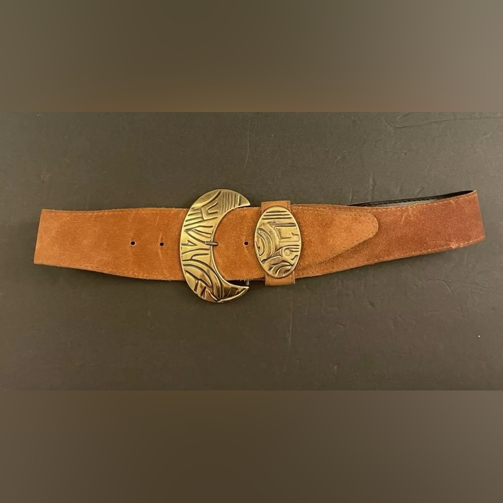 Vintage Suede Belt | Camel Brown Leather Pendant Belt | 70s Hippie
